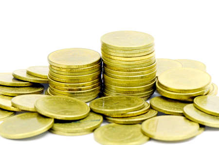 Stack of Ancient Gold Coins Isolated on White Background の写真素材