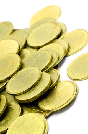 Stack of Ancient Gold Coins Isolated on White Background の写真素材