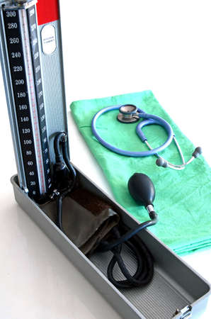 Manual Blood Pressure Monitoring with Sphygmomanometer and Stethoscope の写真素材
