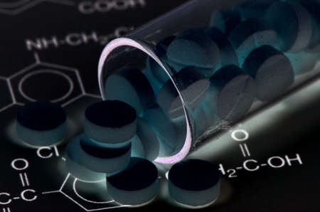 Chemical Structure and Tablets of Certain Kind of Medicine in New Drug Discovery Concept and Pharmaceutical Technology の写真素材