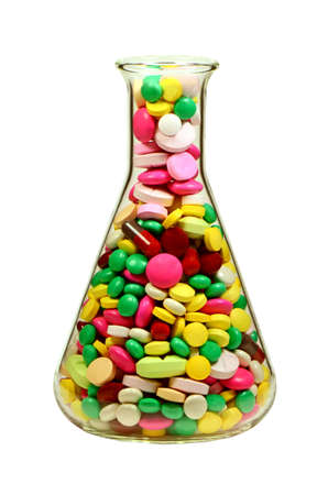 Mixed Tablet Dosage Form in the Erlenmeyer Flask Isolated on White Background with Clipping Path の写真素材