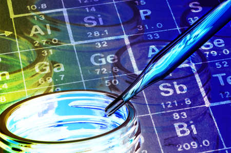 Periodic table of Elements, Bottle and Dropper in Laboratory Experiment の写真素材