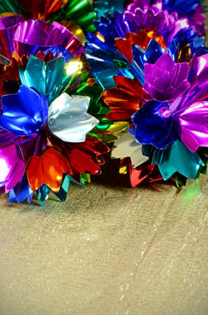 Colorful Christmas decorations on Wood Floor の写真素材