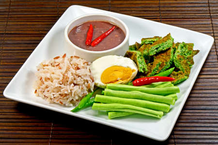 Mixed vegetable menu served with Shrimp-paste sauce in Thai food menu の写真素材