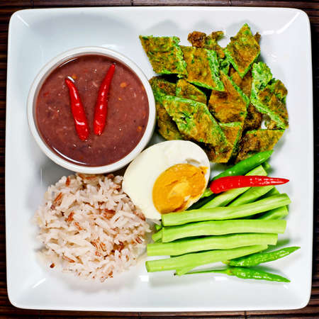 Mixed vegetable menu served with Shrimp-paste sauce in Thai food menu の写真素材
