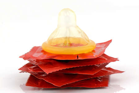 Latex Condom on White Background.の写真素材
