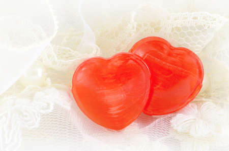 Couple of Heart Candy on Soft Creamy Background. Happy Valentine\\\\の写真素材