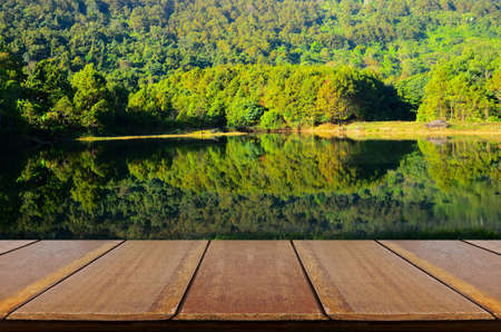 Outdoor Picnic Background with Wooden Table.の写真素材