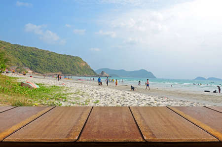 Outdoor Picnic Background with Wooden Table.の写真素材
