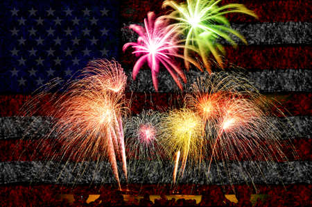 Firework celebration with American Flag Background.の写真素材