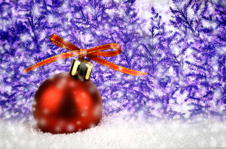 Red Christmas Ball on Snow with Christmas Tree.の写真素材