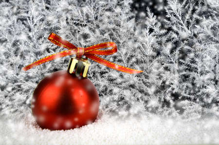 Red Christmas Ball on Snow with Christmas Tree.の写真素材