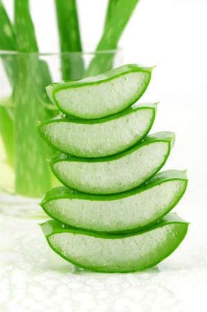 Slice Aloe Vera (Aloe barbadensis Mill.,Star cactus, Aloe, Aloin, Jafferabad or Barbados) a very useful herbal medicine for skin care and hair care.の写真素材