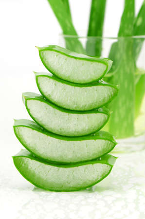 Slice Aloe Vera (Aloe barbadensis Mill.,Star cactus, Aloe, Aloin, Jafferabad or Barbados) a very useful herbal medicine for skin care and hair care.の写真素材