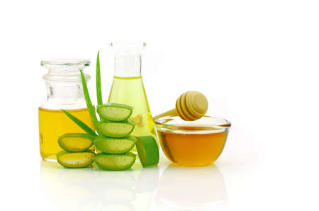 Aloe vera hair and facial treatment paste mask ingredients on white background.の写真素材
