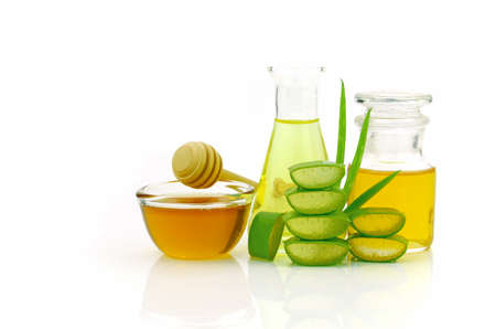 Aloe vera hair and facial treatment paste mask ingredients on white background.の写真素材