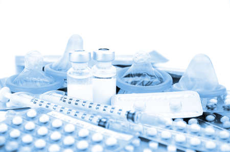 Contraception Education Concept with Oral contraceptive, Emergency Pills, Injection Contraceptive and Male Condom.の写真素材