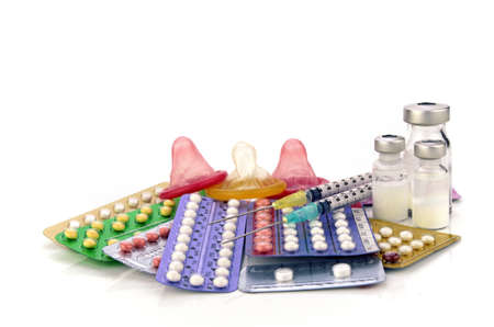 Contraception Education Concept with Oral contraceptive, Emergency Pills, Injection Contraceptive and Male Condom.の写真素材