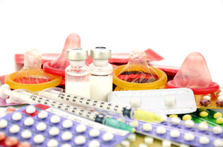Contraception Education Concept with Oral contraceptive, Emergency Pills, Injection Contraceptive and Male Condom.の写真素材