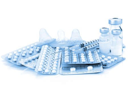 Contraception Education Concept with Oral contraceptive, Emergency Pills, Injection Contraceptive and Male Condom.の写真素材