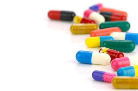 Colorful of oral medications on White Background.の写真素材