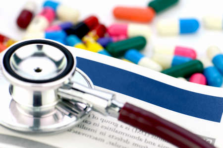 Medical Concept with Stethoscope and Medicine Background.の写真素材