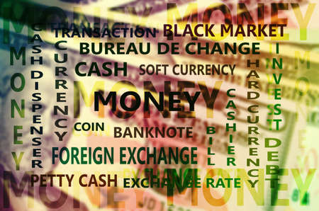 Essential Financial Term Backdrop with Dollars Banknote Card Background.の写真素材