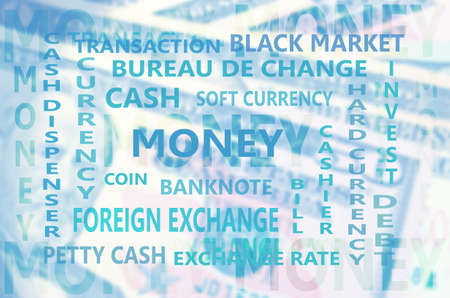 Essential Financial Term Backdrop with Dollars Banknote Card Background.の写真素材