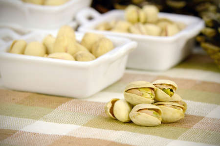 Roasted Pistachio in Closed-up on Tablecloth.の写真素材