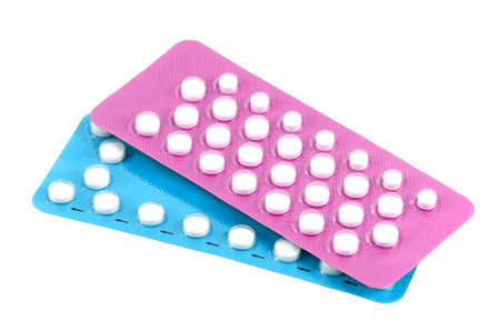 Oral contraceptive pill strips isolated on white background  .の写真素材