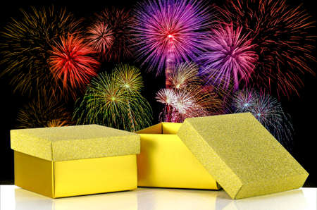 Luxury gift box isolated on fireworks backgroundの写真素材