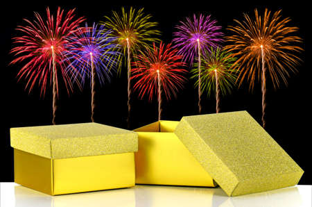Luxury gift box isolated on fireworks backgroundの写真素材