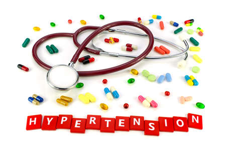 Hypertention treatment concept with stethoscope and various kind of oral merication on white background.の写真素材