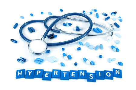Hypertention treatment concept with stethoscope and various kind of oral merication on white background.の写真素材