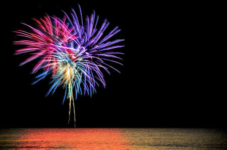 Colorful firework celebration on dark night sky background. Beautiful fireworks show on clear night...