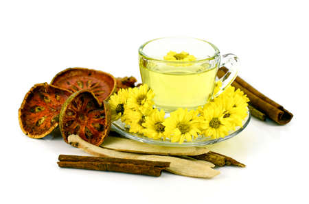 Chrysanthemum Tea with Chinese Herbal Medicine on White Background.の写真素材