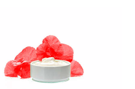 Centella asiatica leaves and skincare product in red and white tone. Indian pennywort (Centella asiatica (L.) Urban.) anti-aging skin care product.の写真素材
