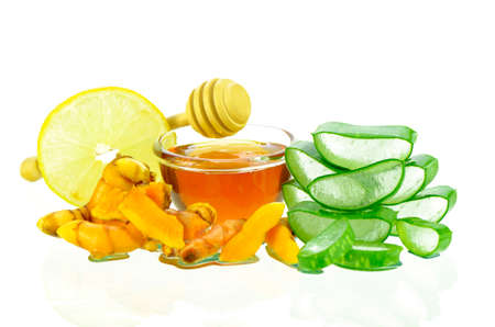Asian skincare therapy from nature with aloe vera gel, curmin, lamon juice and honey.の写真素材