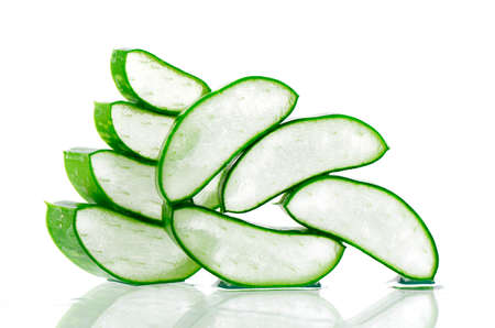 Slice Aloe Vera (Aloe barbadensis Mill.,Star cactus, Aloe, Aloin, Jafferabad or Barbados) a very useful herbal medicine for skin care and hair care.の写真素材