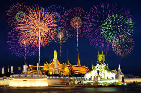 Firework Celebration at Wat Phrasrirattana Sasadaram the Temple of the Emerald Buddha (Wat Phra Kaeo) and the Grand palace, Bangkok, Thailand.の写真素材