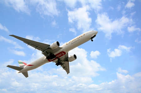 PHUKET, THAILAND-April 27, 2017: Emirates Airlines Flight departs from Phuket International Airport, Thailand.のeditorial素材
