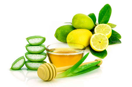 Aloe Vera, fresh lemon and honey. Natural facial, skin and hair care recipe.の写真素材