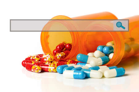 Capsules in orange bottle with search bar in refill prescription concept.