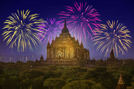 Firework Celebration at Old City Bagan, Myanmar.Thatbyinnyu Temple, Sabbannu or the Omniscient, is a famous temple located in Bagan, Myanmar.の写真素材