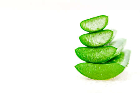 Slice Aloe Vera (Aloe barbadensis Mill.,Star cactus, Aloe, Aloin, Jafferabad or Barbados) a very useful herbal medicine for skin care and hair care.の写真素材