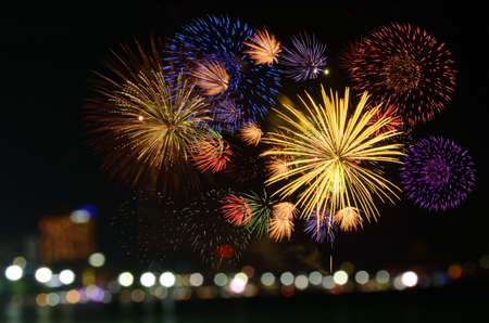 Colorful fireworks celebration and the city night light background.