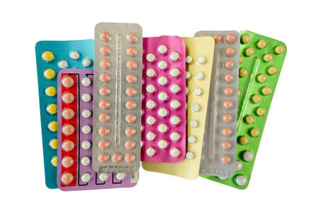 Oral contraceptive pill strips isolated on white background with clipping path.の写真素材