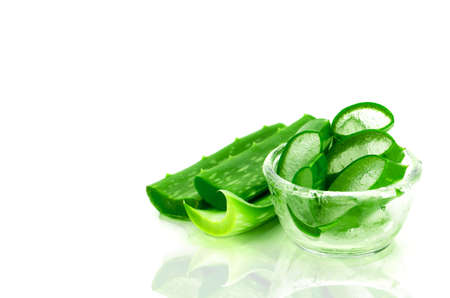 Slice Aloe Vera (Aloe barbadensis Mill.,Star cactus, Aloe, Aloin, Jafferabad or Barbados) a very useful herbal medicine for skin care and hair care.の写真素材