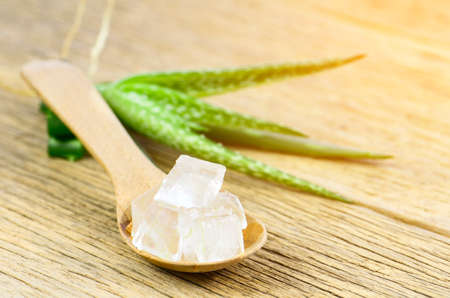 Cube Aloe Vera gel in wood spoon.の写真素材