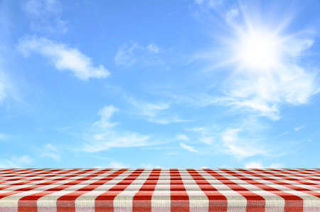 Picnic table and outdoor picnic background concept in summer sun light.の写真素材